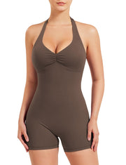 YEOREO Women Halter Workout Jumpsuits One Piece Backless Bodycon Bodysuits Hidden Scrunch V Back Yoga Joceline Short Romper