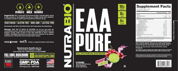 NutraBio – EAA Pure – 9 Amino Acids – Muscle Repair and Recovery, 30 Servings, Cherry Limeade – Pre or Post Workout – All Day Recovery