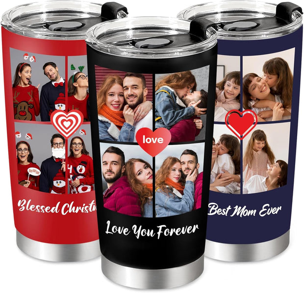 Personalized Coffee Tumbler with Picture Text Logo, Custom 20oz Insulated Stainless Steel Travel Mug with Lids, Personalized Birthday Gifts for Women Men, Custom Coffee Tumbler Cup