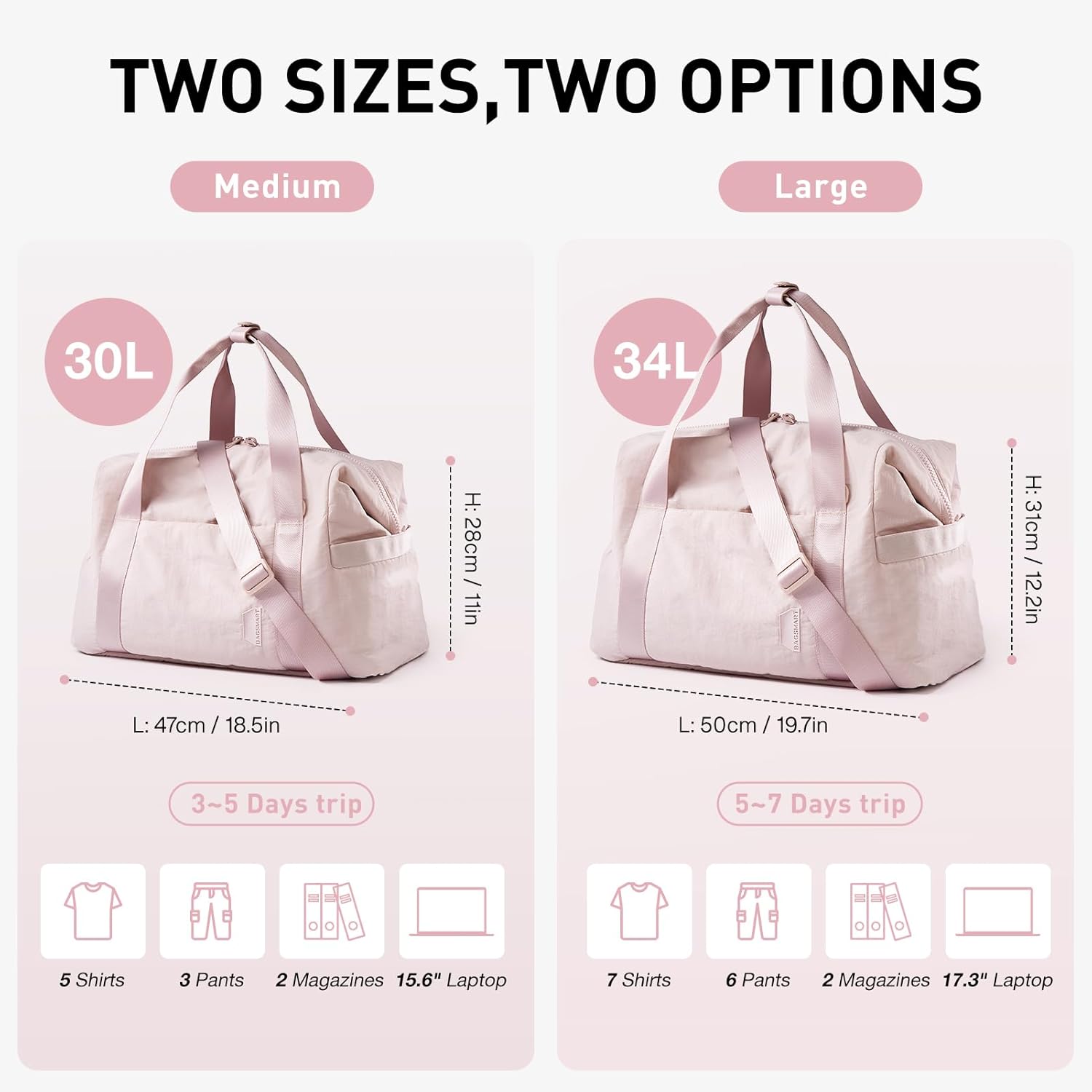 BAGSMART Gym Bag for Women, Carry on Weekender Overnight Bag, Travel Duffel Bags with Trolley Sleeve, Personal Item Travel Bag Tote Bag Workout Dance Bag(Pink,Medium)