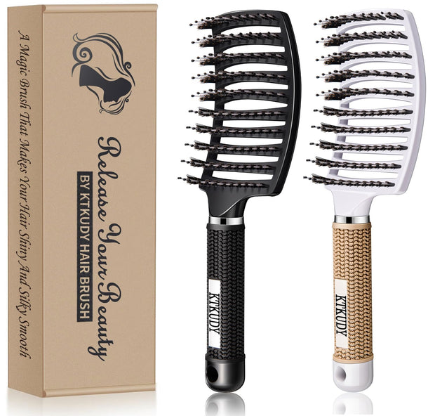 KTKUDY Detangling Brush Getting Knots Out without Pain - Boar Bristles HairBrush Make Hair Shiny & Healthier Vented Detangler Brush for Women Men Kids Wet and Dry Hair (Gold & Green)