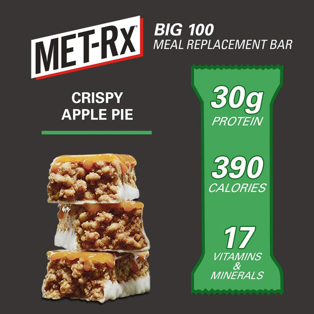 MET-Rx Big 100 Protein Bar, Meal Replacement, 30G Protein, Gluten Free, Crispy Apple Pie, 3.52 oz. ea, 8 Count (Packaging May Vary)