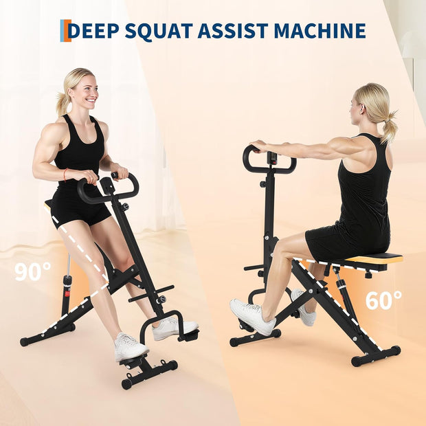 Squat Machine, Squat Assist Trainer with Adjustable12 Level Resistance, Foldable Squat Ride Rowing Machine for Home, Full Body Workout Gym for Glutes Legs Workout, 350 LBS Capacity