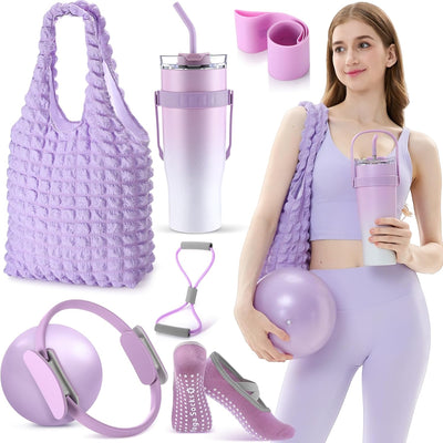 Poen 7 Pcs Pilates Essentials Kit for Women Home Workout Pilates Equipment Ring and Ball Set with 11.81 Inch Circle 9.84 Inch Yoga Ball Resistance Bands Cup Bag Socks for Beginners