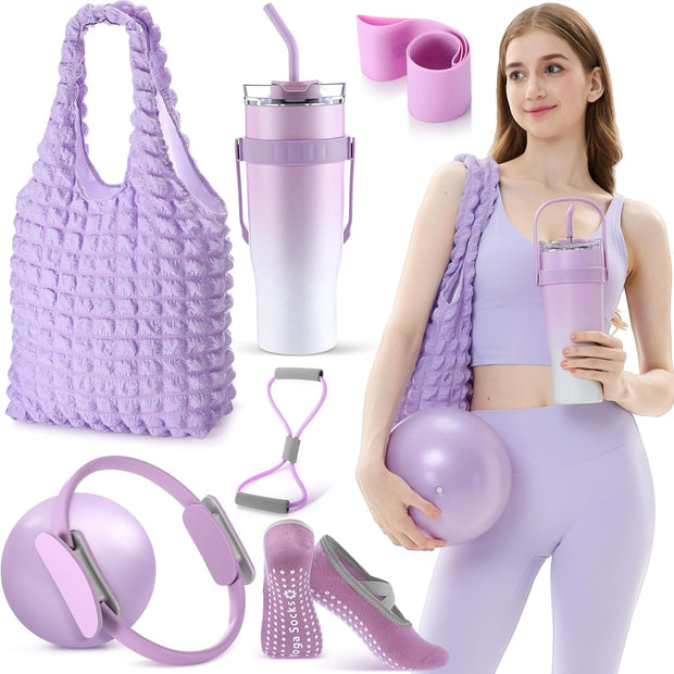 Poen 7 Pcs Pilates Essentials Kit for Women Home Workout Pilates Equipment Ring and Ball Set with 11.81 Inch Circle 9.84 Inch Yoga Ball Resistance Bands Cup Bag Socks for Beginners