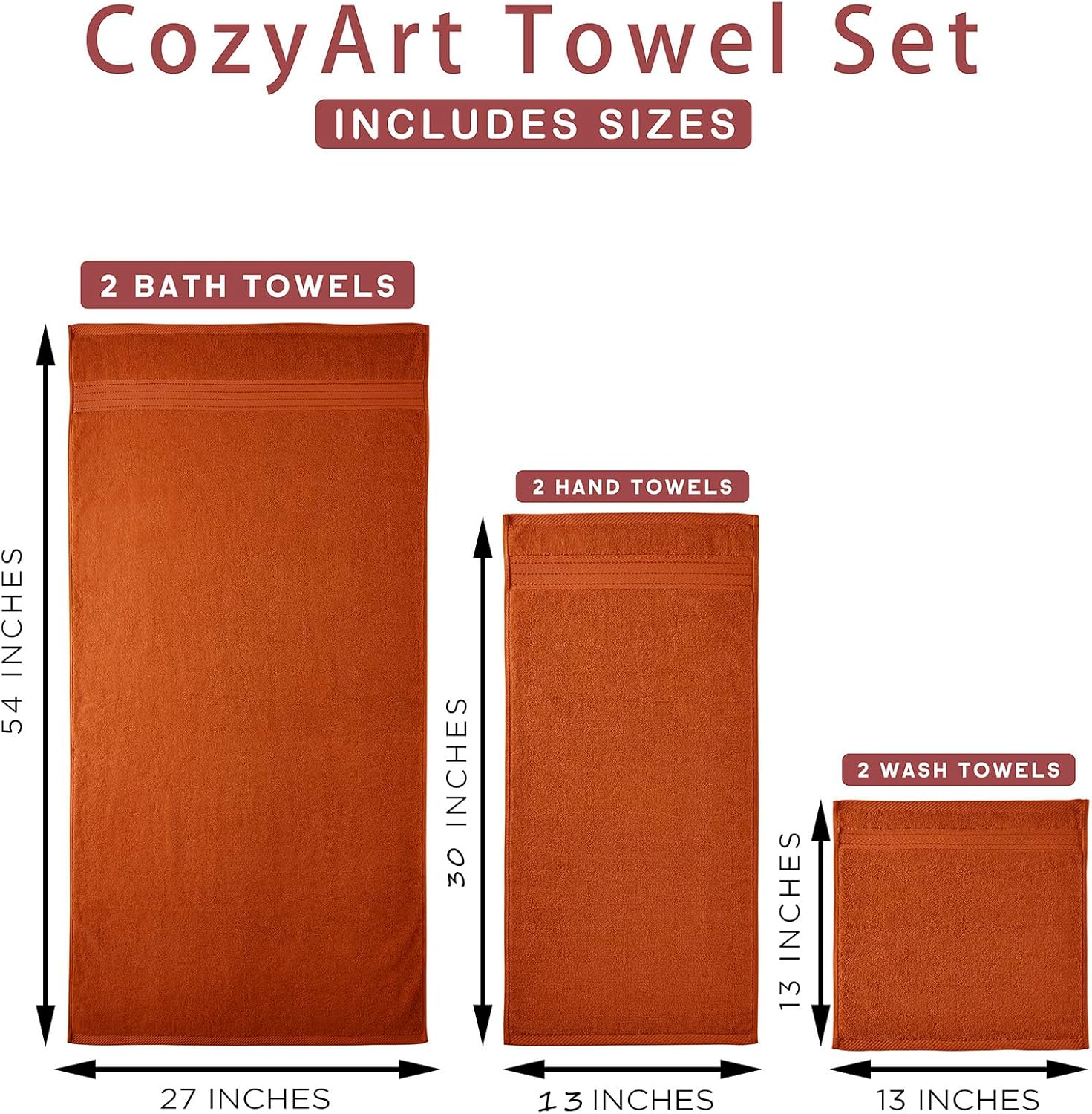 COZYART Burnt Orange Bath Towel Set for Bathroom Turkish Cotton Thick Soft Absorbent Durable 650 GSM Towel Sets of 6, 2 Large Bath Towels, 2 Hand Towels, 2 Washclothes