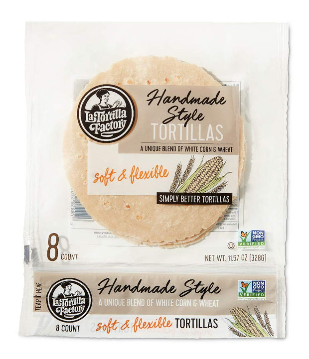 La Tortilla Factory Handmade Style White Corn & Wheat Tortillas, Non-GMO, 14g of Whole Grains, 8-Count, 11.57 oz.