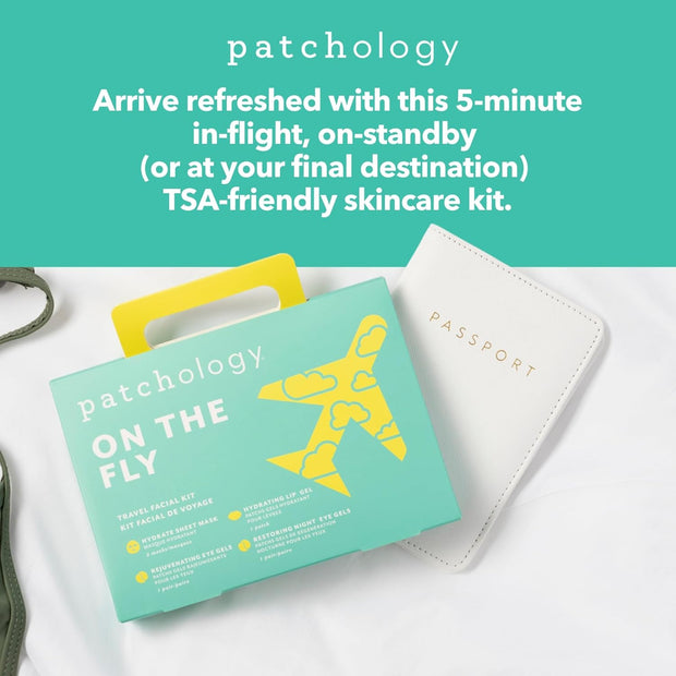 Patchology On The Fly Travel Facial Kit – Travel-Friendly Hydrating Skincare Essentials for Face, Eyes and Lips – Includes 2 Pair Under Eye Patches, 2 Hydrate Sheet Mask for Refreshed Skin,1 Lip Mask