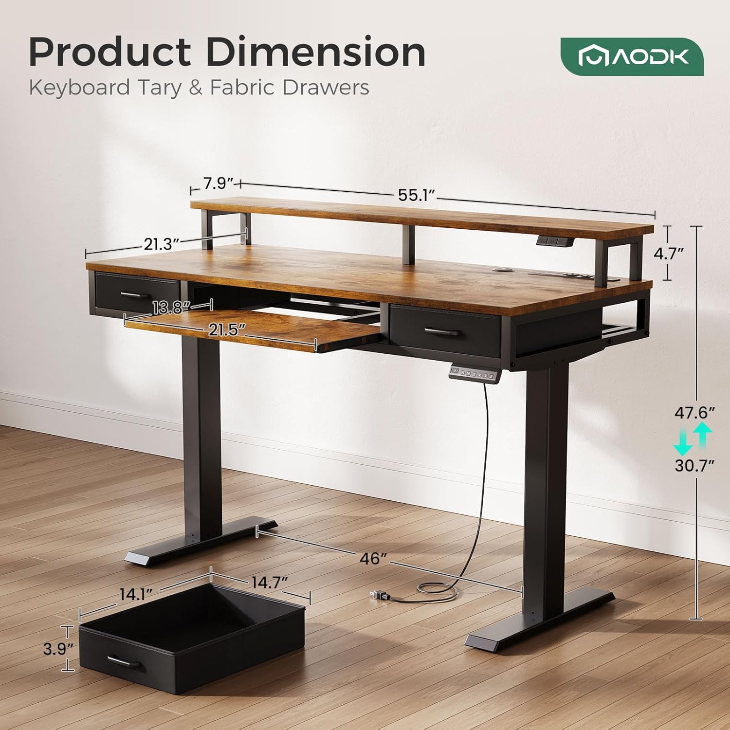AODK Electric Standing Desk with Drawers & Keyboard Tray, 55 Inch Height Adjustable Gaming Desk with Power Outlets & LED Lights, Sit Stand Table with Monitor Stand for Home, Office, Rustic Brown