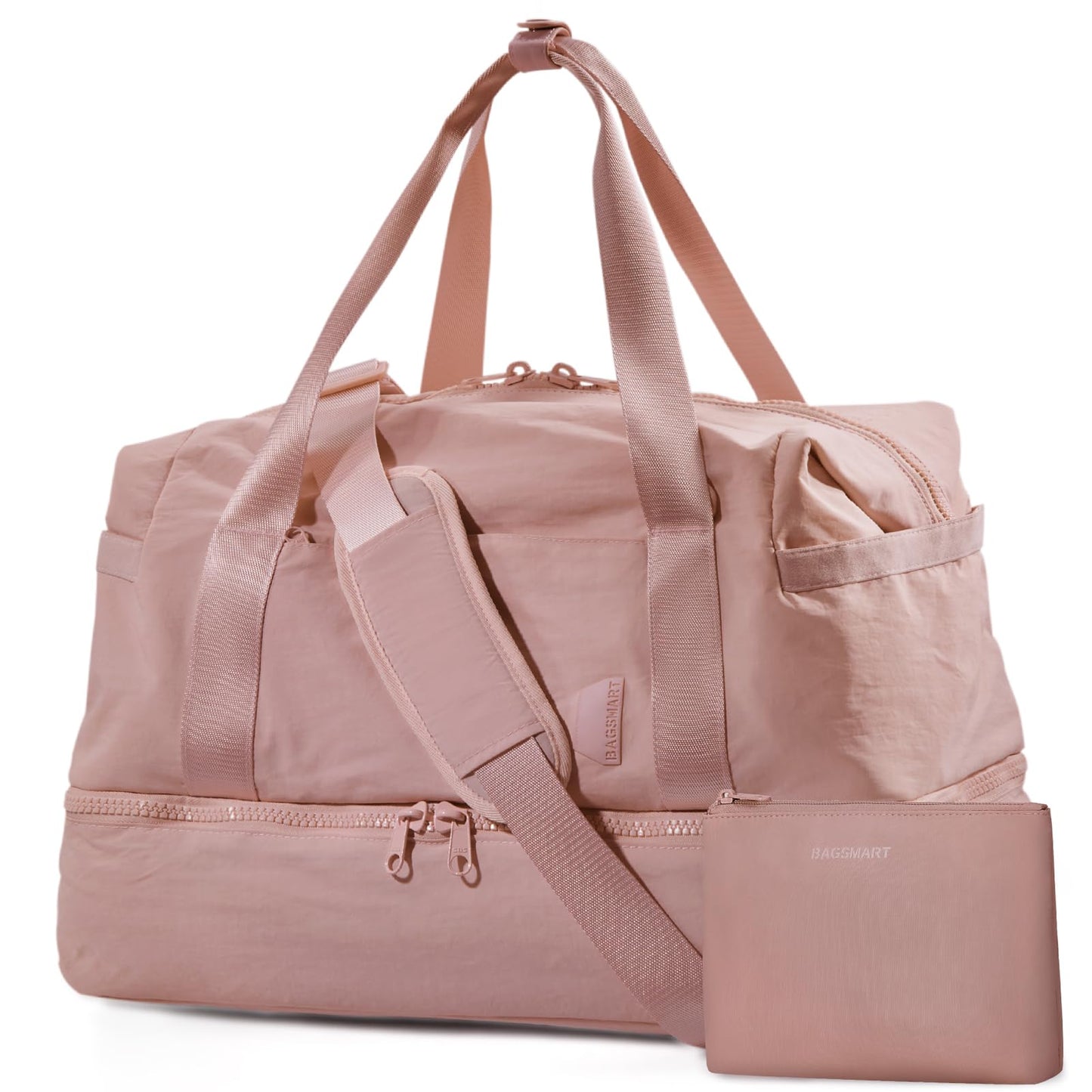 BAGSMART Gym Bag for Women, Carry on Weekender Overnight Bag, Travel Duffel Bags with Trolley Sleeve, Personal Item Travel Bag Tote Bag Workout Dance Bag(Pink,Medium)