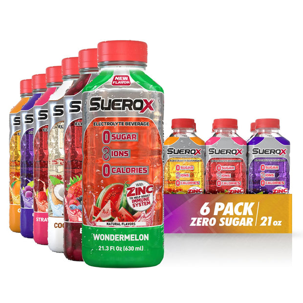 SueroX Zero Sugar Electrolyte Drink for Hydration and Recovery, Unique Blend of Electrolytes & 8 Ions, Zero Calorie Sports Drink, 21.3 Fl Oz, Variety Pack, 12 Count