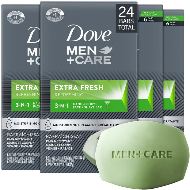 Dove Soap Bar for Men, Men+Care Extra Fresh Scent (4 Boxes/24 Bars) – Hydrating 3-in-1 Body, Hand, and Face Cleanser, 22.5 Oz Ea