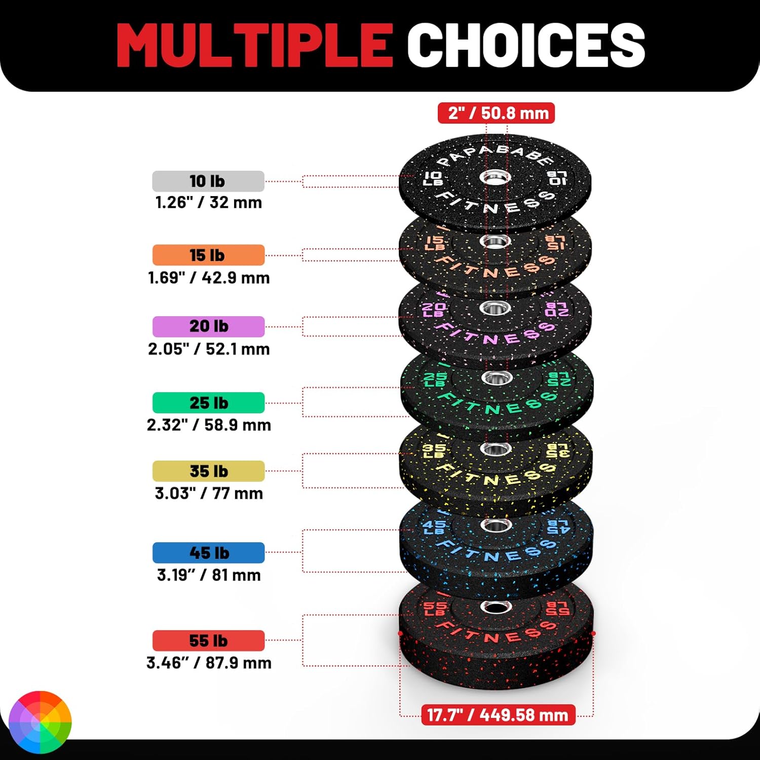Papababe Weight Plates, 2-Inch Weights Plates Set, Floor Protective Rubber Weight Plates, 10-600lbs Bumper Plates for Barbell Strength Training & Weightlifting (Single/Pair/Full Set)