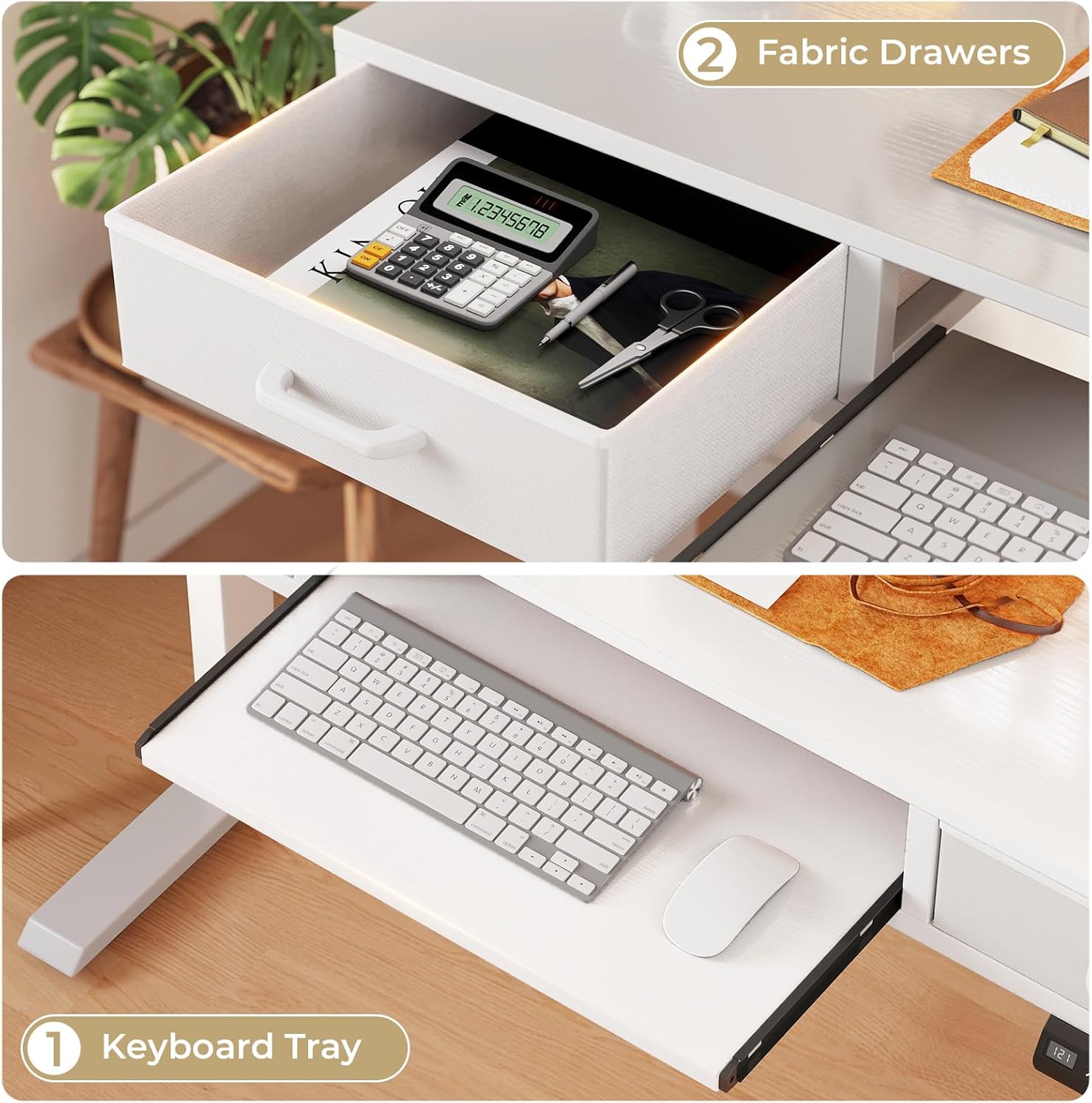AODK Electric Standing Desk with Drawers & Keyboard Tray, 55 Inch Height Adjustable Desk with Power Outlets, Sit Stand Table, Writing Computer Desk for Home, Office, Workstation, White