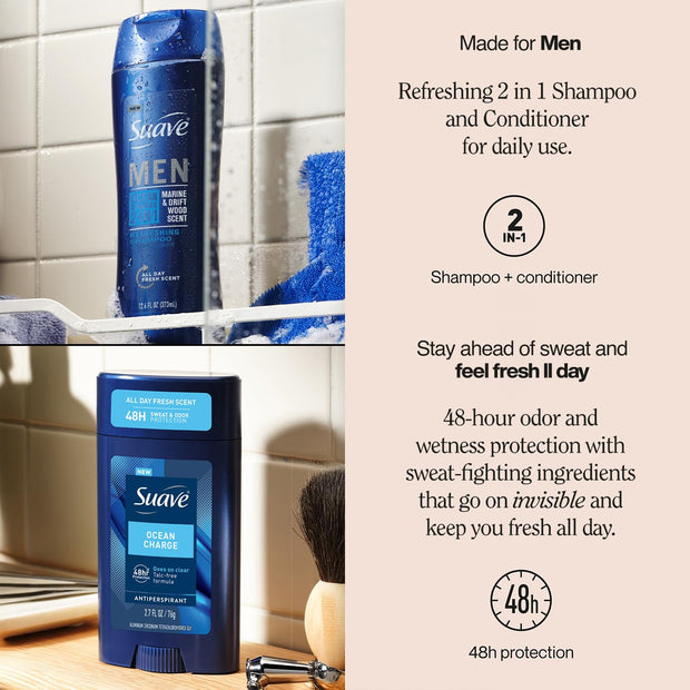 Suave+ Men’s 2-in-1 Shampoo and Conditioner, Ocean Charge + Antiperspirant Deodorant for Men, Ocean Charge, 48H Sweat & Odor Protection (2 Piece Set)