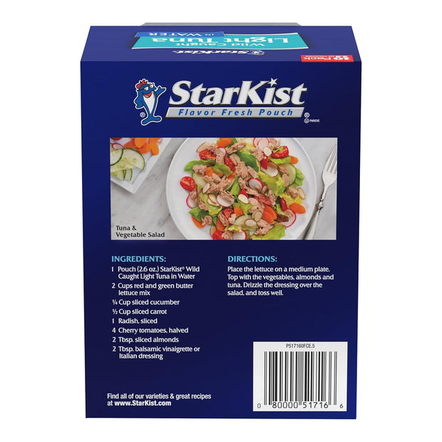 StarKist Chunk Light Tuna in Water, 2.6 oz Pouch (10 Pack) Ready to Eat Wild Caught Tuna, 17g Protein, 70 Calories Per Serving, Gluten Free, Soy Free, Kosher, Perfect for Salads, Keto Meals and Snacks