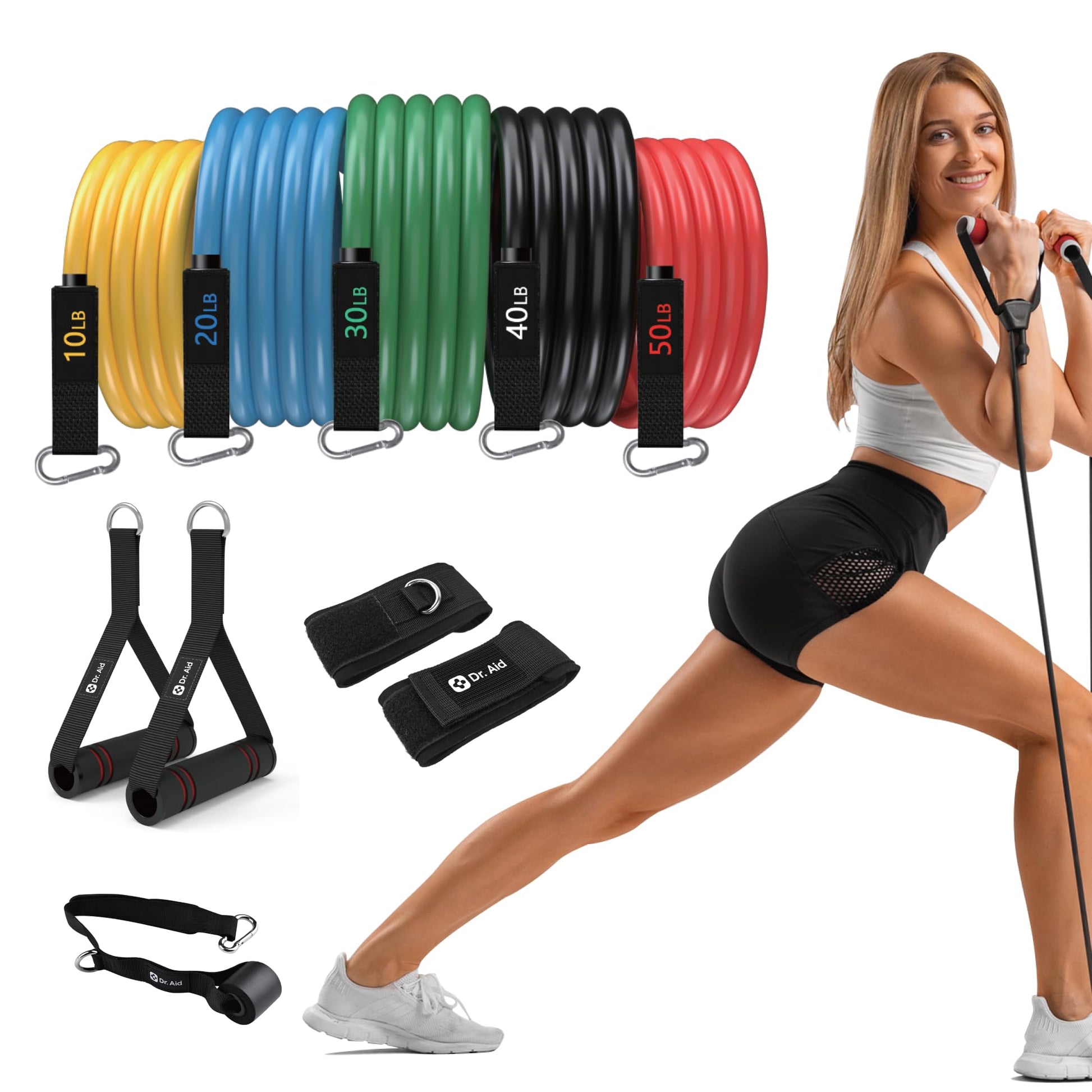 Dr. Aid Resistance Bands Set – 5 Stackable Workout Bands with Handles, Pure Latex, High Elasticity & Tear Resistant – Smell-Free Full-Body Exercise Bands for Rehab, Basic Training & Strength Workouts