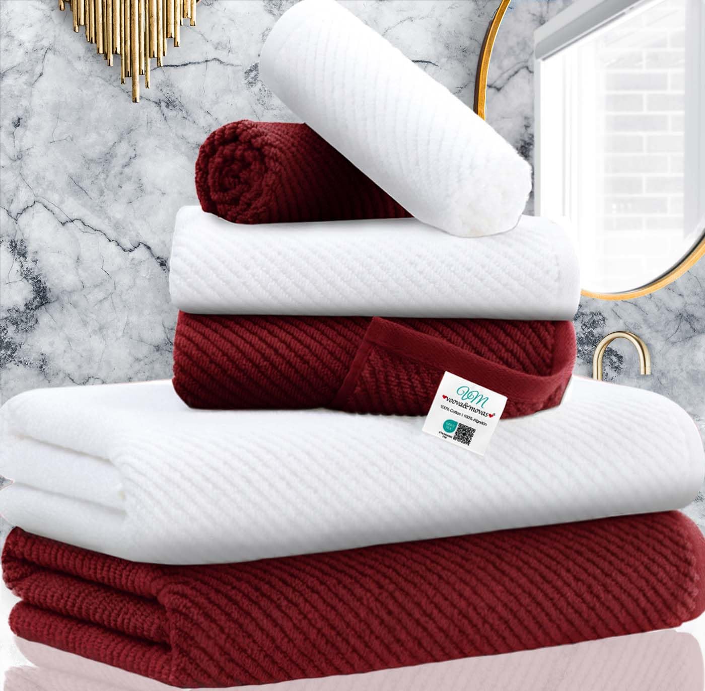 VOOVA & MOVAS Burgundy Towel Set - 100% Cotton | Lightweight | Soft | Quick Dry, 6 Piece Towel Set,2 Large Bath 30"x56", 2 Hand 18"x28", 2 Washcloths 13"x13", Towels Gift Set, Red Towels