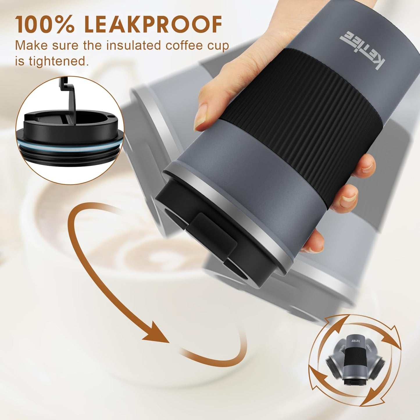 KETIEE Travel Coffee Mug Spill Proof 12oz, Insulated Reusable Coffee Cups with Seal Lid, Vacuum Stainless Steel Travel Mug to Go Car Tumbler for Hot/Ice Drinks (Grey)