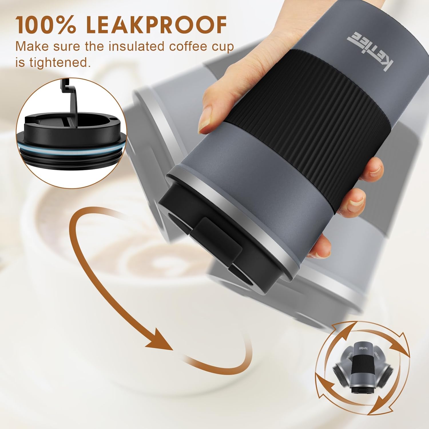 KETIEE Travel Coffee Mug Spill Proof 12oz, Insulated Reusable Coffee Cups with Seal Lid, Vacuum Stainless Steel Travel Mug to Go Car Tumbler for Hot/Ice Drinks (Grey)