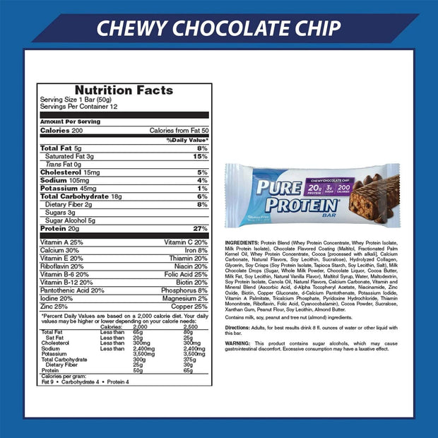 Pure Protein Bars, Chewy Chocolate Chip, Chocolate Deluxe, Chocolate Peanut Butter - Box of 6-3 Boxes - 1 Box of each flavor