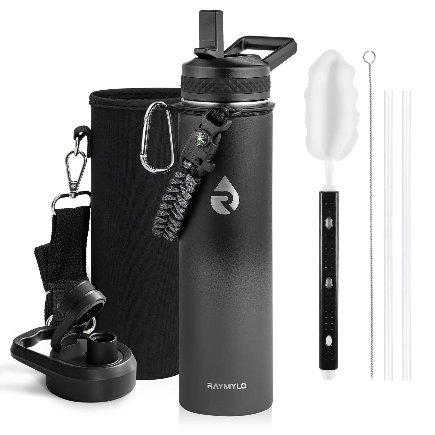 Insulated Water Bottle 64 oz, Triple Wall Vacuum Stainless Steel (Cold for 48 Hrs), Leak Proof & Non-BPA, Half Gallon Water Flask Jug with Paracord Handle & Straw Spout Lids, Magic Black