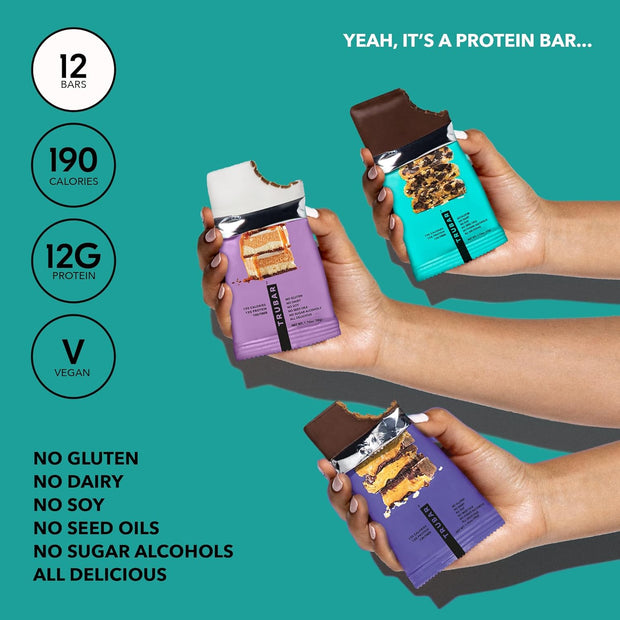 TRUBAR Vegan Protein Bar Variety Pack, Assorted Flavors, Peanut Butter, Macchiato, Cookie Dough, Gluten Free, Vegan Protein Snacks, 12G Plant-Based Protein, High Fiber, Healthy Protein Bars, 12 CT