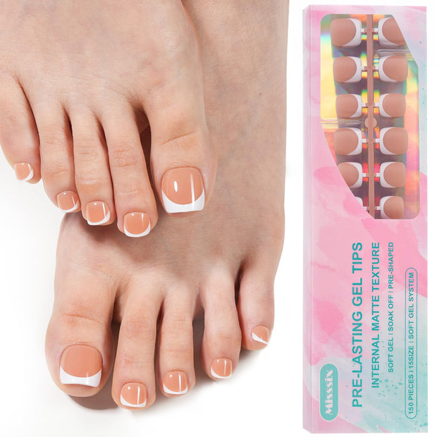 Misssix French Gel Nail Tips, 240Pcs French Tip Press on Nails Long Square Brown, No Need to File 3 in 1 Tips Pre-lasting, Fake Nails for Nail Art DIY 15 Sizes