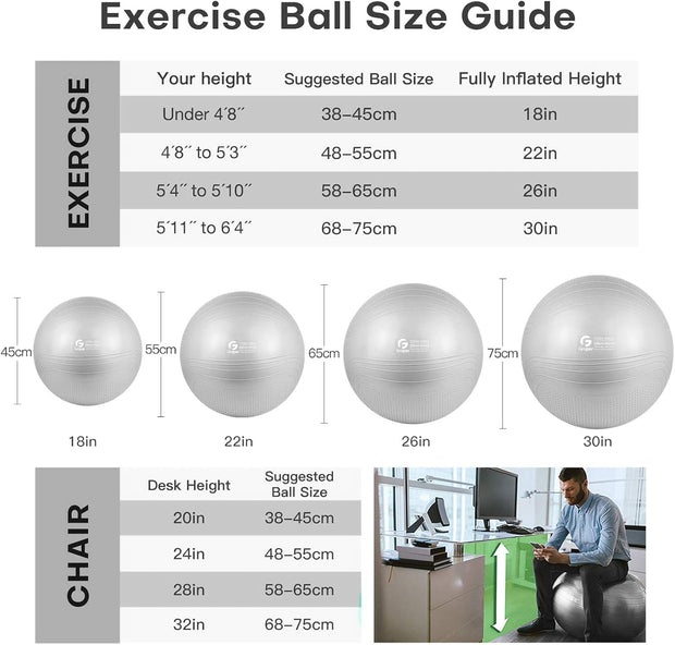 Yoga Ball, 18-30 Inch Extra Thick Exercise Ball for Workout Fitness Balance, Anti Burst Chair for Home and Office Desk, Includes Hand Pump & Workout Guide Access