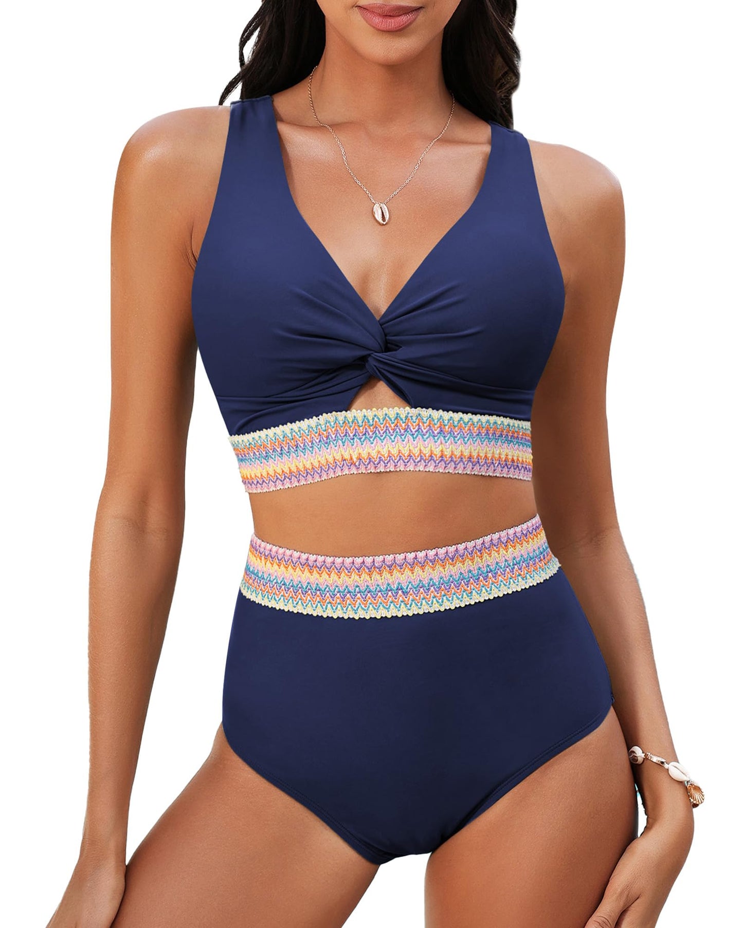 GRAPENT Bikini Sets for Women High Waisted Two Piece Swimsuit Padded Knot Twist Cut Out Color Block Bathing Suit Bikinis