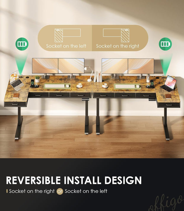 63 Inch L Shaped Electric Standing Desk with Drawers, Height Adjustable Large Desk with Power Outlets, Sit Stand Table, Writing Computer Desk for Home, Office, Workstation, Rustic Brown
