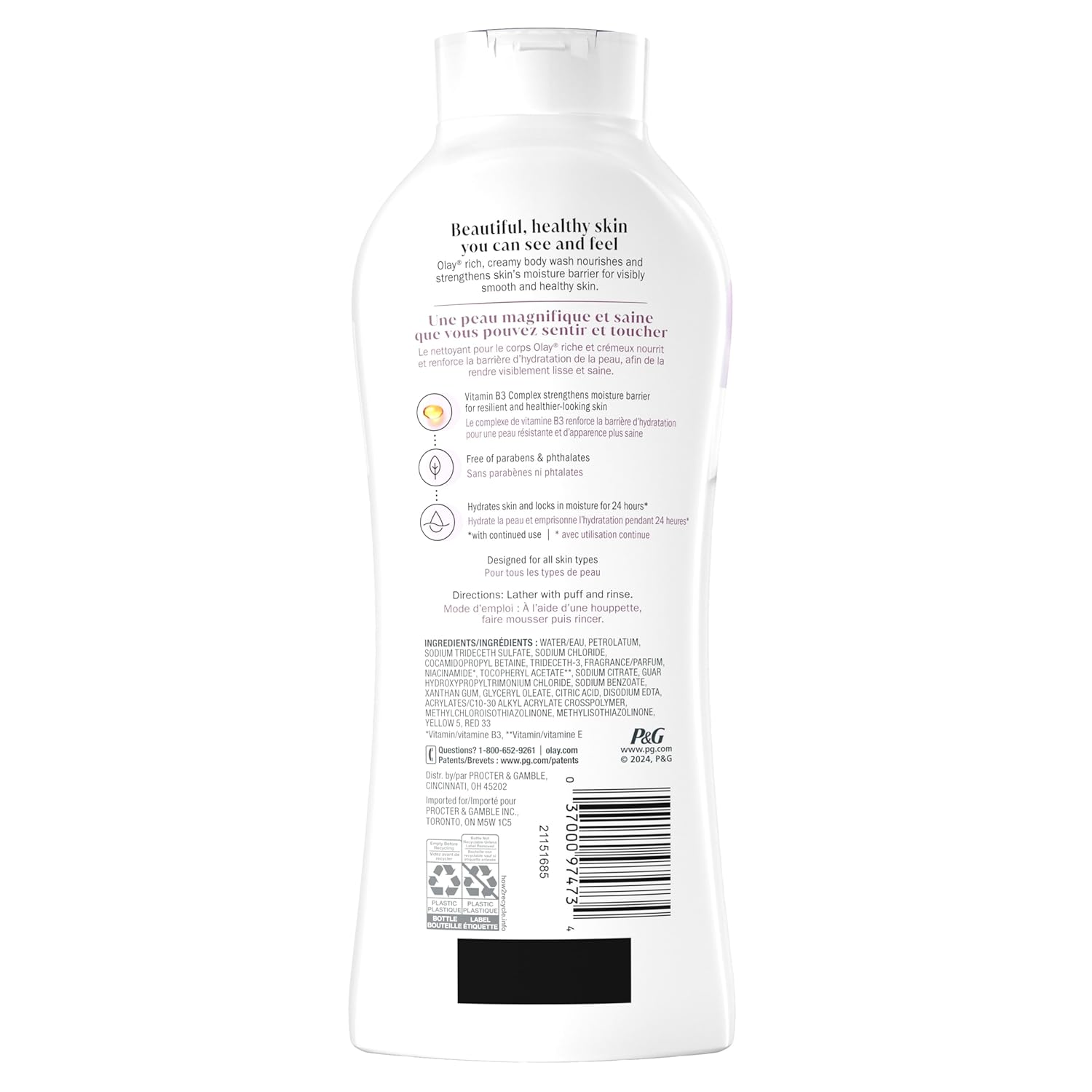 Olay Body Wash for Women, Age Defying with Vitamin E, 24hr Moisturizing, Hydrating & Refreshing, B3 Vitamin Complex, Free of Parabens & Phthalates, For All Skin Types, Scented, 22 fl oz (Pack of 4)