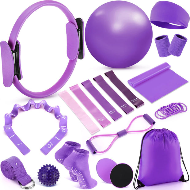 Poen 18 Pcs Pilates Ring Kit Home Pilates Ring Circle and Ball Set for Women Yoga Fitness Set with 5 Resistance Band Stretching Strap Non Slip Sock Ball Core Slider Wristband Headband Gym Bag