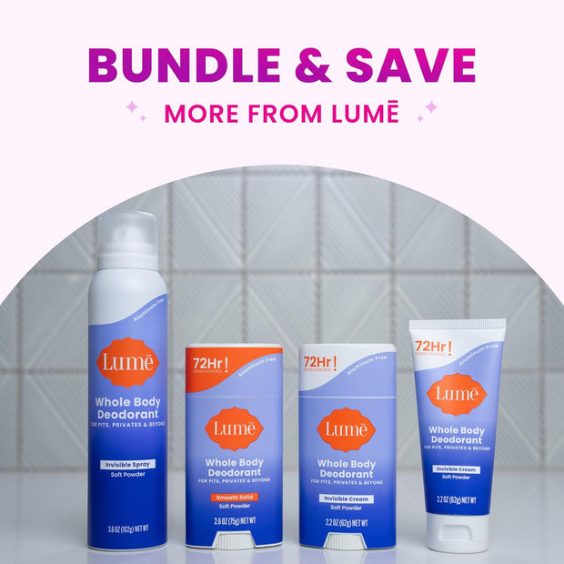 Lume Invisible Spray Deodorant For Women - Whole Body Deodorant Spray - 72 Hr Odor Control - Ozone Friendly, Natural Propellant - Aluminum & Baking Soda Free, Skin Loving - 2 pack (Soft Powder)