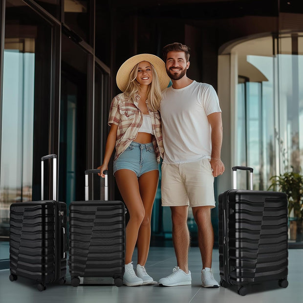 Lightweight Luggage with Spinner Wheels & YKK Zipper, Hard Shell 3-Piece Suitcase ABS+PC Hardside Luggage Set with TSA Lock for Men Travel, Black (20+24+28 inch)