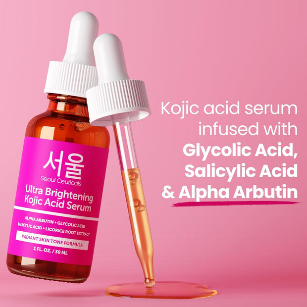 SeoulCeuticals Korean Skin Care Kojic Acid Serum Alpha Arbutin – Dark Spot Remover Corrector Glycolic Acid + Salicylic Acid K Beauty 1oz