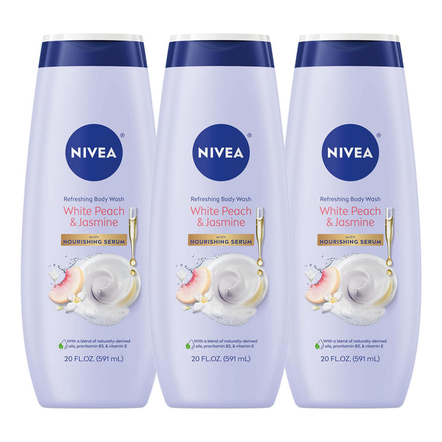 NIVEA Refreshing White Peach and Jasmine Body Wash with Nourishing Serum, Scented Body Wash for Women, Enriched with Provitamin B5 and Vitamin E, 20 Fl Oz Bottle