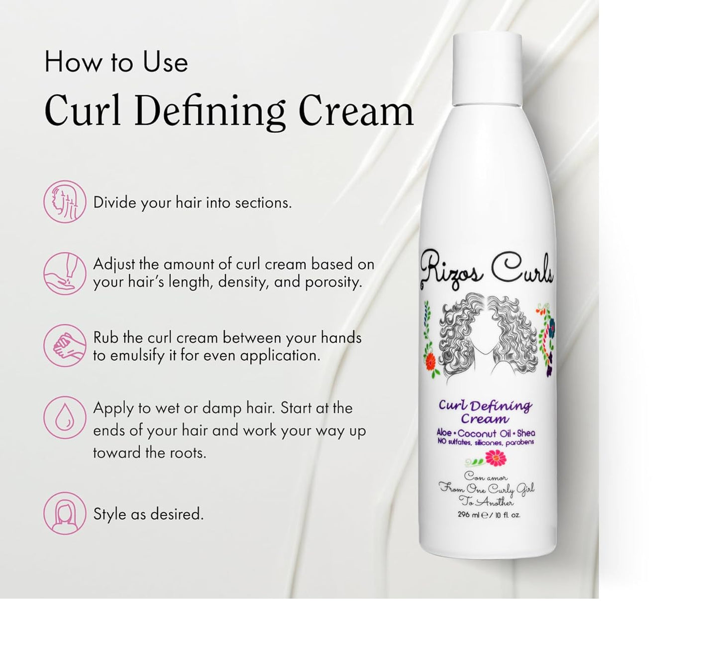 Rizos Curls Curl Defining Cream for Wavy, Curly, Coily, Kinky Hair Frizz Control, Defines, Softens, Moisturizes, Adds Shine for Hair Types Sulfate & Paraben Free