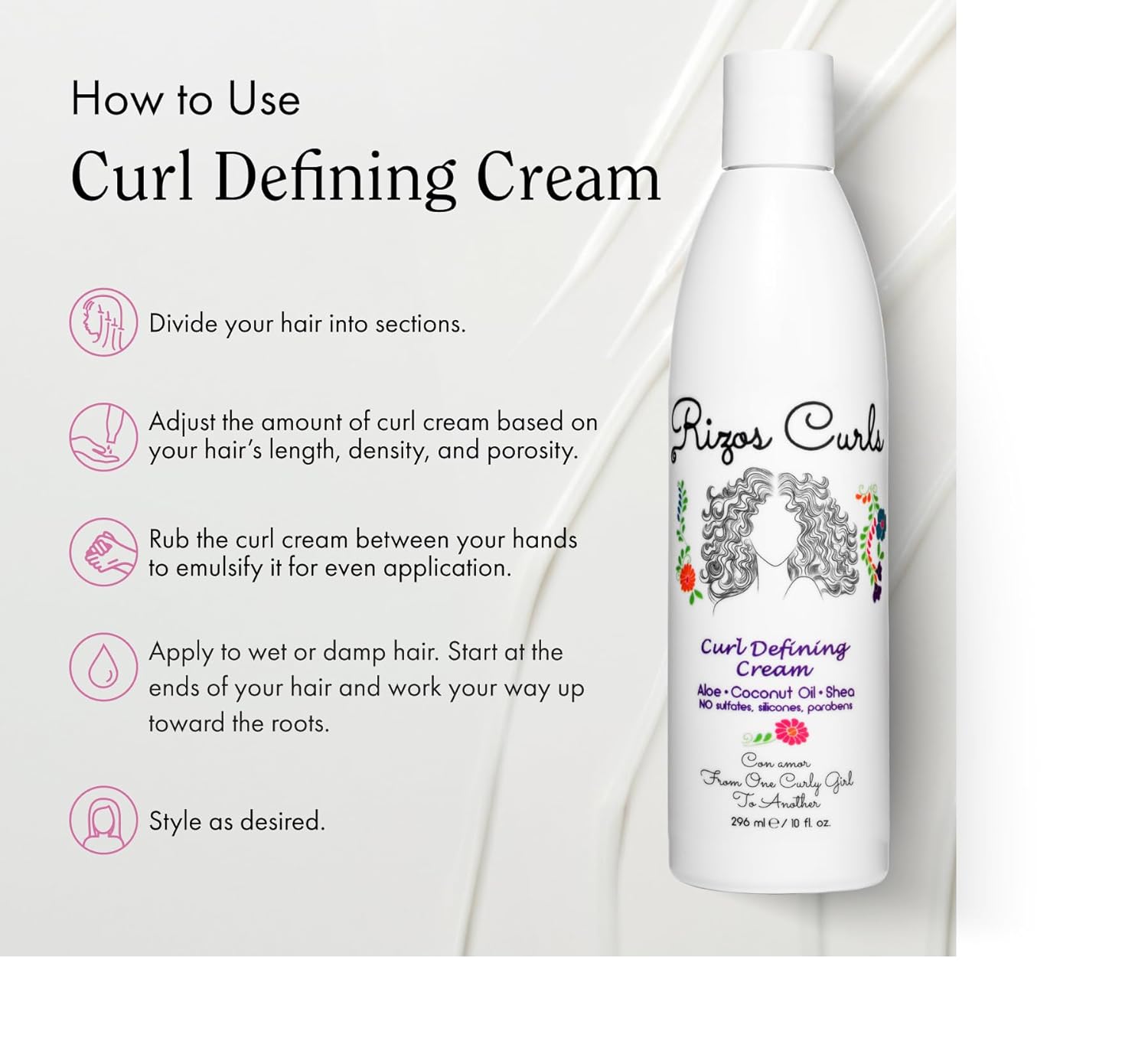 Rizos Curls Curl Defining Cream for Wavy, Curly, Coily, Kinky Hair Frizz Control, Defines, Softens, Moisturizes, Adds Shine for Hair Types Sulfate & Paraben Free