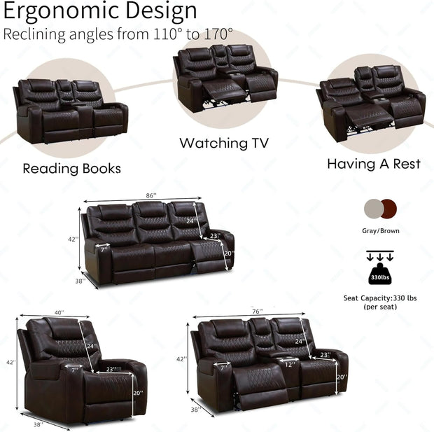 Living Room Furniture Set, Power Reclining Sofa Set, Air Leather Recliners with Built-in USB Ports and Storage Console, LED Reclining Couch Set for Living Room (Wine, Sofa Loveseat Chair)