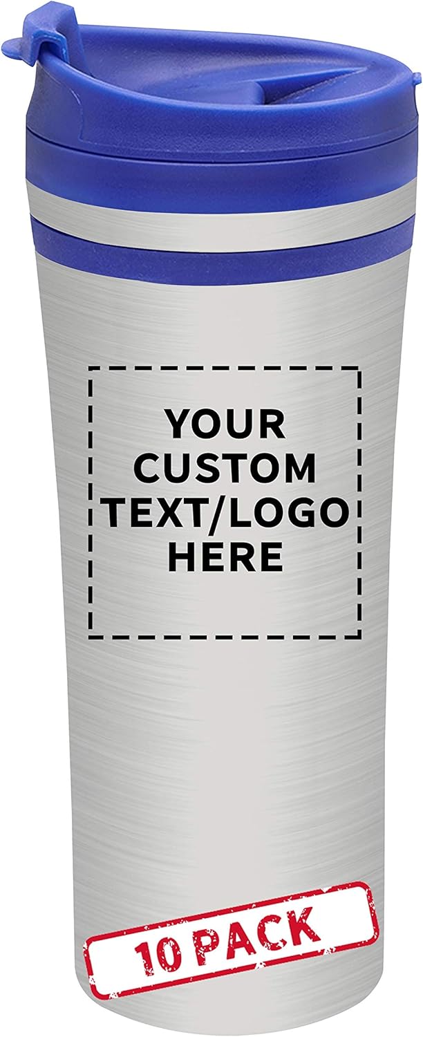 Personalized 15 oz. Mia Insulated Stainless Steel Travel Mugs - 10 pack Custom Text, Logo - Blue