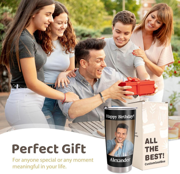 Personalized Tumbler with Picture Name Text Logo, 20oz Stainless Steel Custom Travel Coffee Mug Cup | Birthday Graduation Wedding Appreciation Personalized Gifts for Mom Dad Teacher