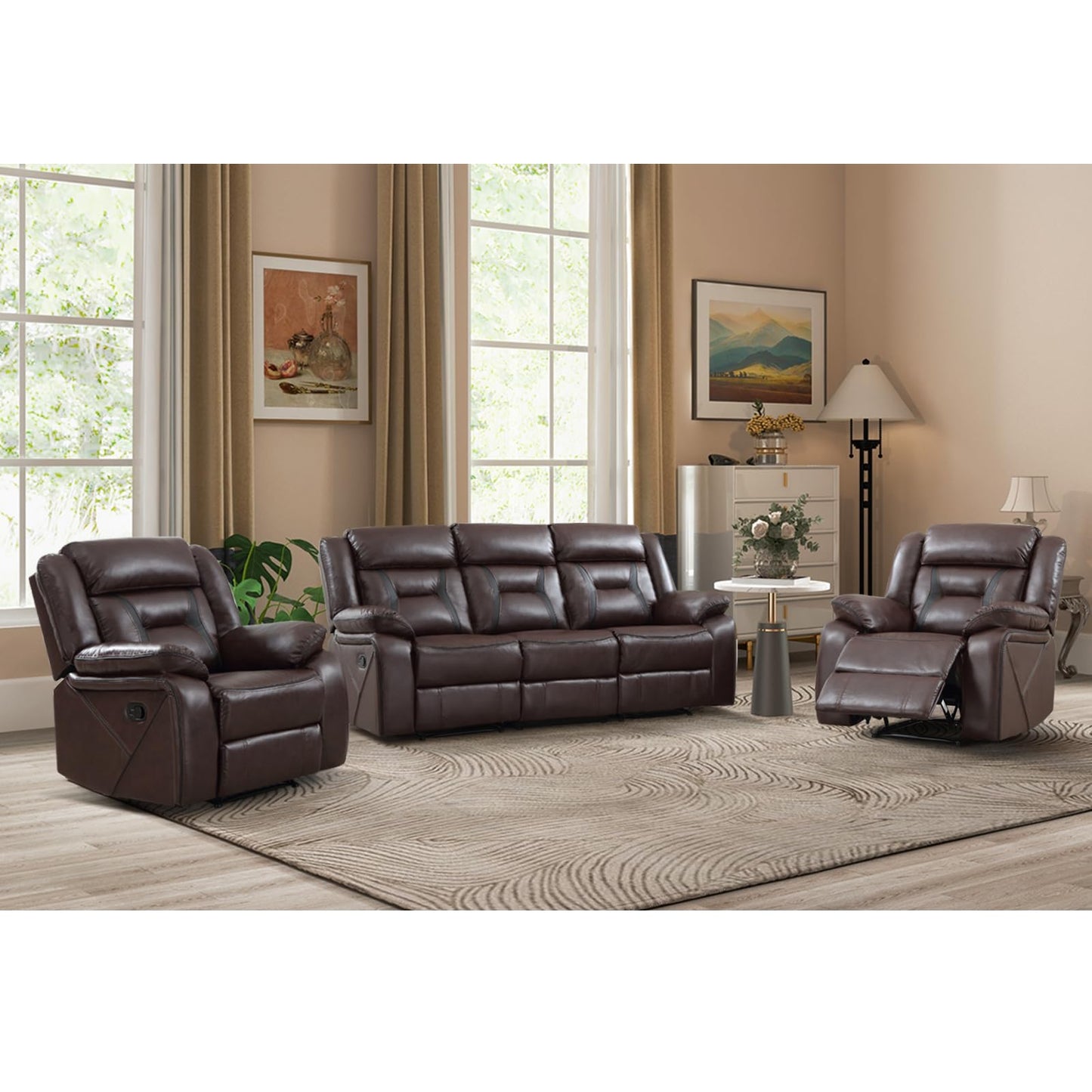 Faux Leather Recliner Sofa Furniture Set for Living Room, 2 Recliner Chairs, 3 Seat Reclining Sofa Couch Set for Meeting Room, Brown