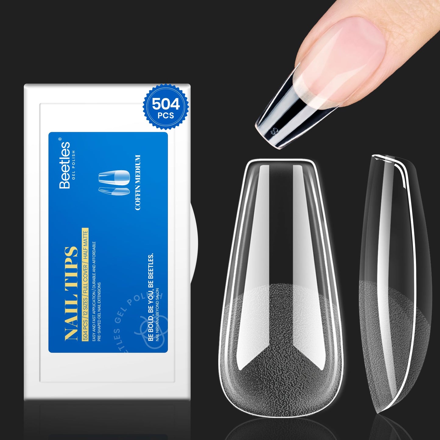 Beetles Gel Nail Tips Easy Nail Extension Etch X Nail Tips 12 Sizes 504Pcs Short Almond Half Matte Nail Tips Gelly Tips Full Cover False Nails Gifts for Girls