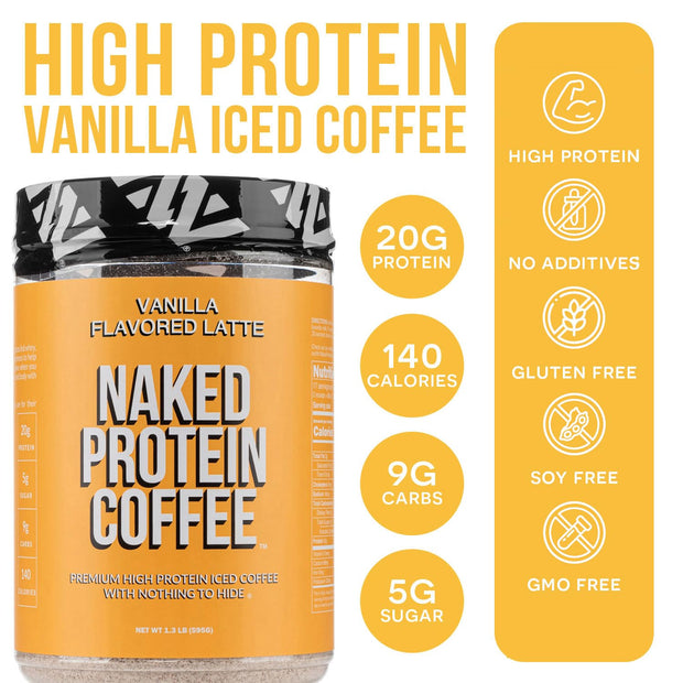 NAKED Vanilla Latte Protein Coffee - Premium Colombian Iced Coffee Protein Shake Drink, Delicious Keto Friendly and Gluten Free, 17 Servings