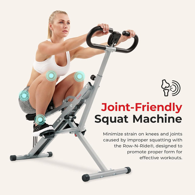 Sunny Health & Fitness Row-N-Ride Squat Assist Trainer, Foldable & Easy Setup Exercise w/Adjustable Resistance, Home Training Machine for Arm, Glute & Leg Workout, Optional Free SunnyFit App Connect