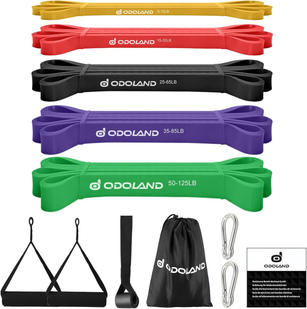 Odoland 5 Packs Pull Up Assist Bands, Pull Up Straps, Resistance Bands with Door Anchor and Handles, Stretch Mobility, Powerlifting and Extra Durable Exercise Bands with eGuide