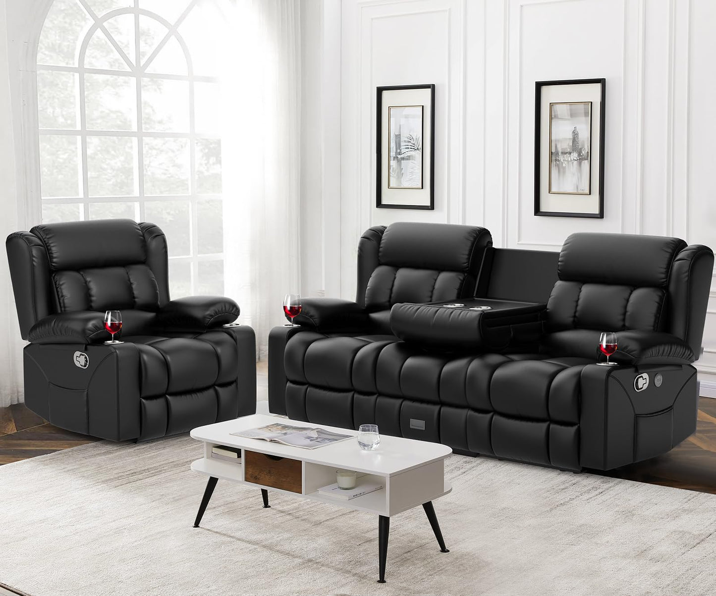 Loveseat Recliner Sofa, Flip Middle Backrest Design PU Leather 3 Seat Reclining Sofa with Storage Drawer, Manual Couch for Living Room (Ivory White, PU)