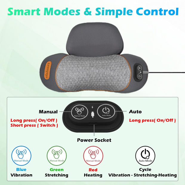 Non-Rechargeable (Plug-in Model) 3-in-1 Neck Vibrating Massager Pillow with Heat & Traction, Cervical Pillow Traction Massager for Neck Hump,Light Grey