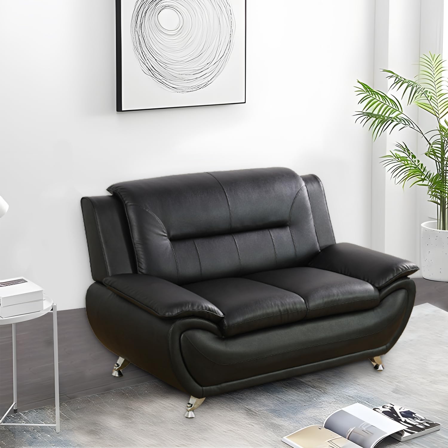 3 Piece Living Room Furniture Set, Leather Sofa Set for Living Room, Modern Couch Set with 3-Seater Sofa, Loveseat and Armchair (Black 2)